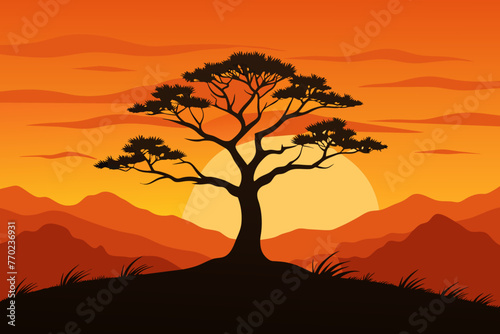 lone tree against an orange sky vector illustration