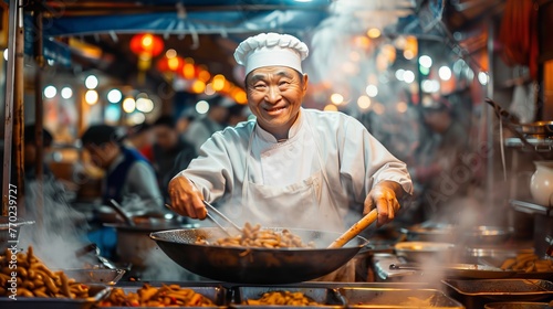 Happy chef cooking with a wok pot in a busy Asian street food market