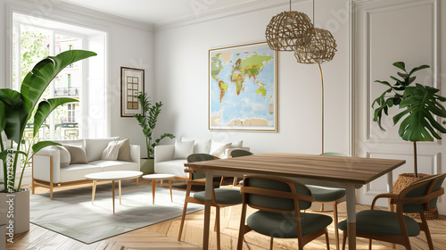Stylish and eclectic dining room interior with mock up poster map, sharing table design chairs, gold pedant lamp and elegant sofa in second space. White walls, wooden parquet. Tropical leaves in vase