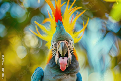 A hilarious close-up of a goofy parrot with a cockatoo crest, making a silly face