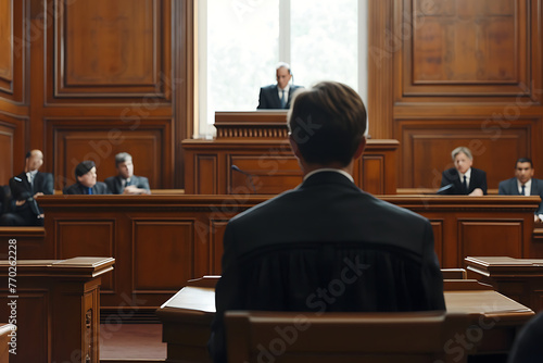 A lawyer stands facing the judge in a courtroom, preparing to address the court, conveying a sense of legal proceedings. Generative ai