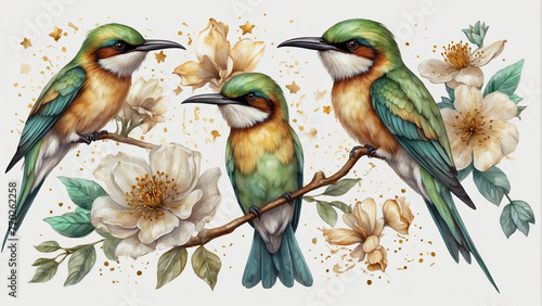Cute bee-eater birds watercolor illustration