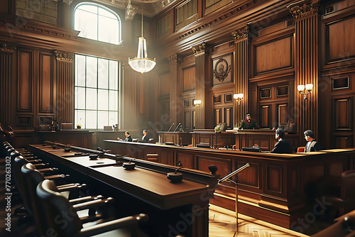 A lawyer stands facing the judge in a courtroom, preparing to address the court, conveying a sense of legal proceedings. Generative ai