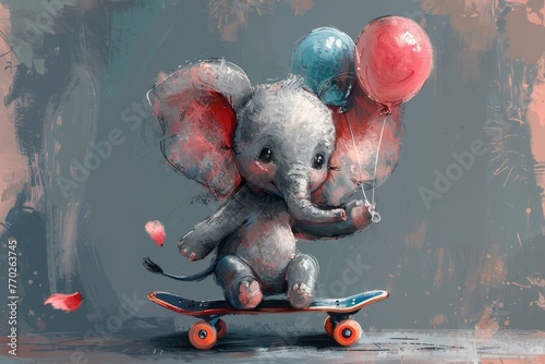 Cute baby elephant on skateboard with balloons hand-drawn modern illustration.