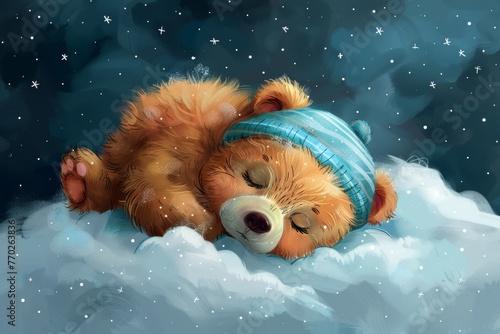This illustration depicts a cute baby bear sitting on a cloud wearing a striped night cap.