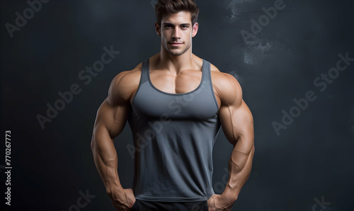 Portrait of a handsome young man with muscular body posing over black background