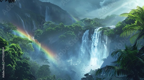 waterfall in the jungle, beautiful rainbow in the mist, forest landscape background
