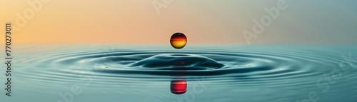 A minimalist depiction of a ripple effect in water, initiated by a colorful drop, against a serene, isolated background