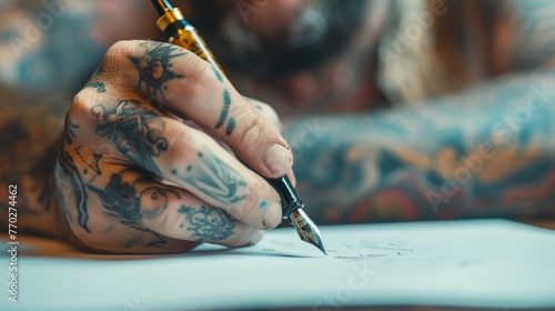 close up of a tattooed hand writing on a paper with an inkpen