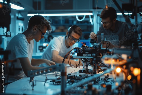 Team of engineers working on a robotics project in a high-tech lab. 