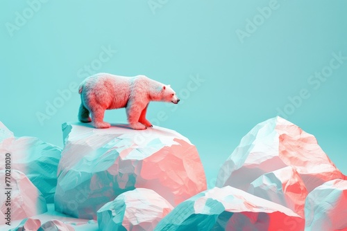 A white polar bear is walking on a ice background
