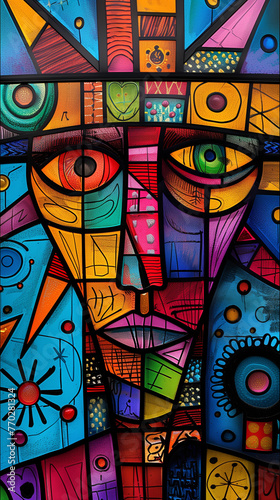 Pop art face. stained glass, abstract, bold colors, Black Friday cross. Playful faith, Christian art