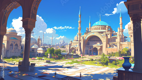 City with beautiful atmosphere of Ramadan, Muslim, anime art background