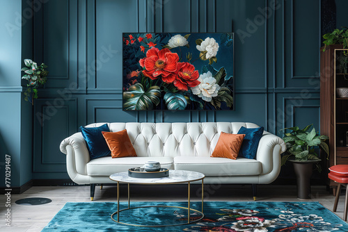 Photographer Chen Man's fashionable photography style features a dark blue, white and orange velvet sofa with large flowers painted on the backrest wall. Created with Ai