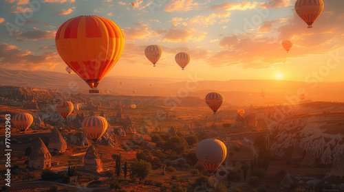 A photo of hot air balloons floating over the ancient cityscape at sunrise. Created with Ai
