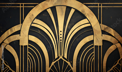 a black and gold art deco design with thin lines and arches, Generative AI 
