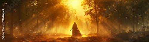 Knights Templar, ceremonial sword, legendary, sacred initiation ritual in a forest grove, starry night, realistic, golden hour, Lens Flare