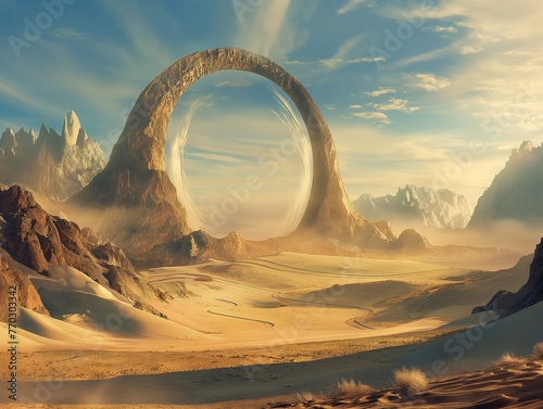 Surreal landscape with a colossal arch portal in a desert setting.