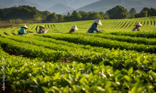 tea picking at the tea plantation at the town of Mae Salong north of the city Chiang Rai in North Thailand