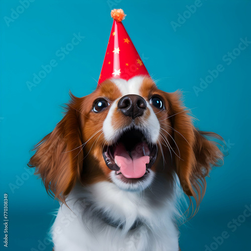 Cute dog celebrating with red pary hat and blow-out against a blue background and copy space to side