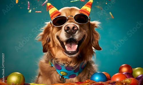 Cute dog celebrating with red pary hat and blow-out against a blue background and copy space to side