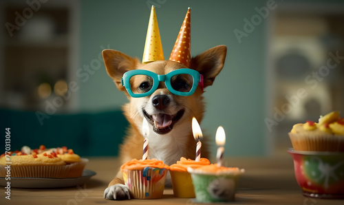 Cute dog celebrating with red pary hat and blow-out against a blue background and copy space to side