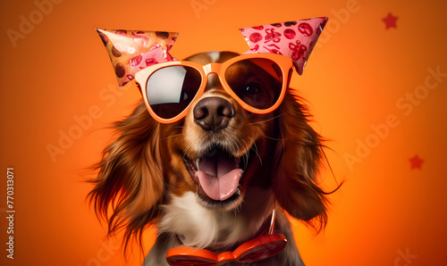 Cute dog celebrating with red pary hat and blow-out against a blue background and copy space to side