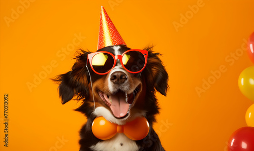 Cute dog celebrating with red pary hat and blow-out against a blue background and copy space to side