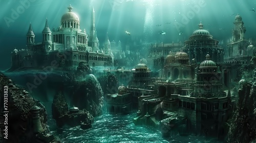 ancient underwater city, ocean scene, atlantis , fantasy background wallpaper