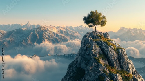 A lone tree standing tall on a mountain peak, symbolizing the sense of accomplishment after overcoming challenges. 