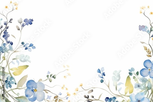 watercolor of forget me not flowers frame, botanical border, Summer flowers Scorpion Grass, Myosotis. AI illustration. For packaging, textile, web pages, wedding invitations, greeting cards..