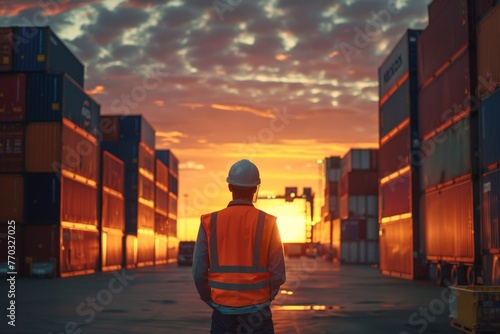 Man stand see sunset at logistics area with systematic multiple container.