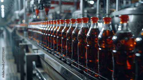 Line of bottling of cola soda bottles on clean light factory with closeup view on the sugary drink bottle