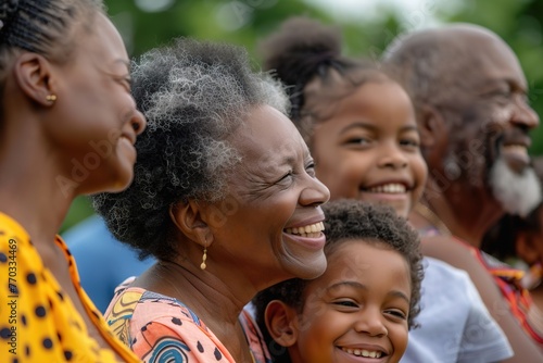 Black family smiling together at a celebration.