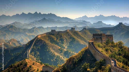 The Great Wall of China winding through a rugged mountain landscape under a clear blue sky. 