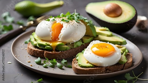 Poached egg and avocado on sprouted grain toast