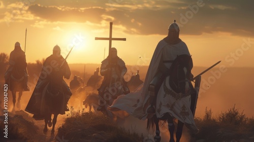 As warriors the Knights Templar follow the cross through the sunset