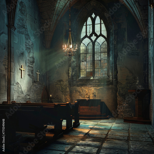 Dimly lit apse of an old church a Bible on the altar inviting a solitary night vigil