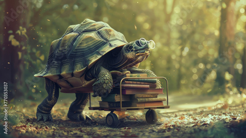 A turtle librarian with glasses, pushing a cart of books,