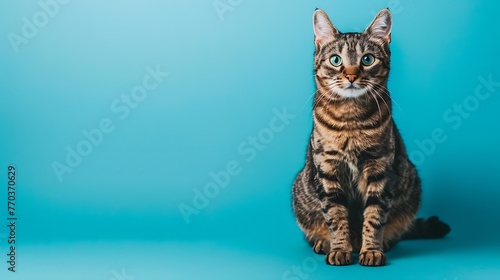 a high contrast feline sitting before a blue background looking something