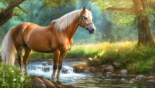 A realistic and detailed image of a beautiful, perfect Palomino horse standing beside 