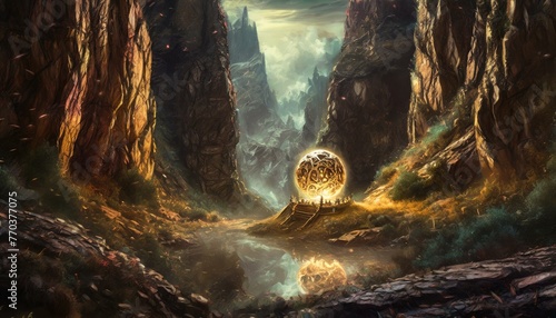 A surreal scene featuring a glowing sphere situated in a canyon. The canyon is filled 