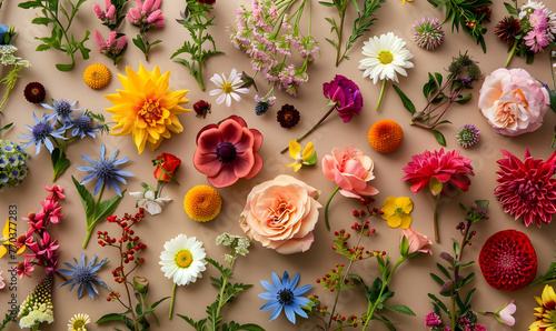 Flowers composition. Flat lay, top view. Floral background