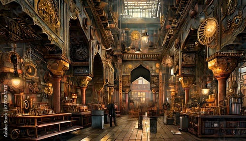 A marketplace scene set in a futuristic Middle Eastern bazaar.