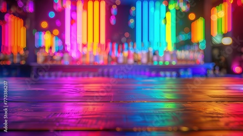 miami bar background with empty wooden table for product display, indoor blurred background, colorful rainbow color bokeh lights