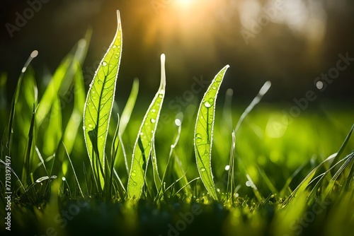 A close-up of dewy green grass blades illuminated by the soft morning light, with an autumn leaf resting nearby.