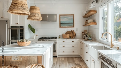 A bright naturally lit kitchen in a modern farmhouse coastal style. Generative AI.