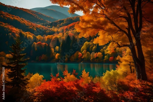 A picturesque mountainside covered in a tapestry of colorful autumn foliage, as seen from a peaceful lakeside vantage point.