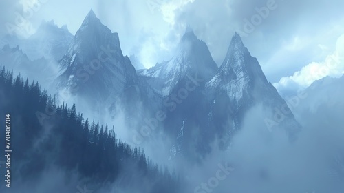 Towering peaks of a foggy mountain shrouded in mist and mystery