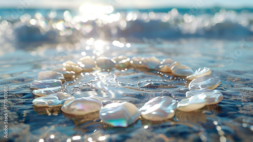 The image captures a group of shiny seashells glistening on the wet sandy beach as the sunlight reflects off the water surrounding them